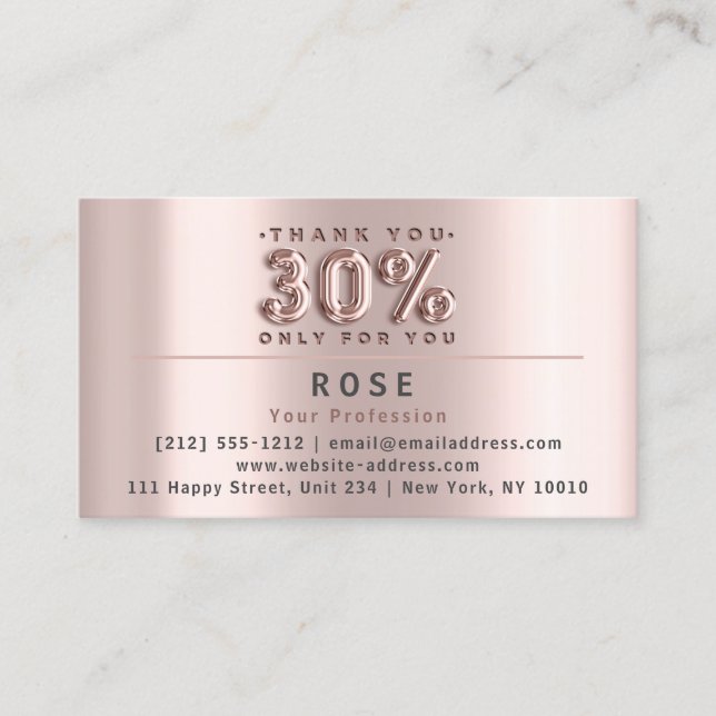 Carte De Rendez-vous 30% de réduction Logo Remerciements Rose US Americ (Devant)