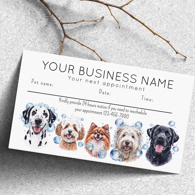Carte de rendez-vous aquarelle chiens bulles, blan (Appointment card dog grooming bathing dogs bubbles. happy dogs)