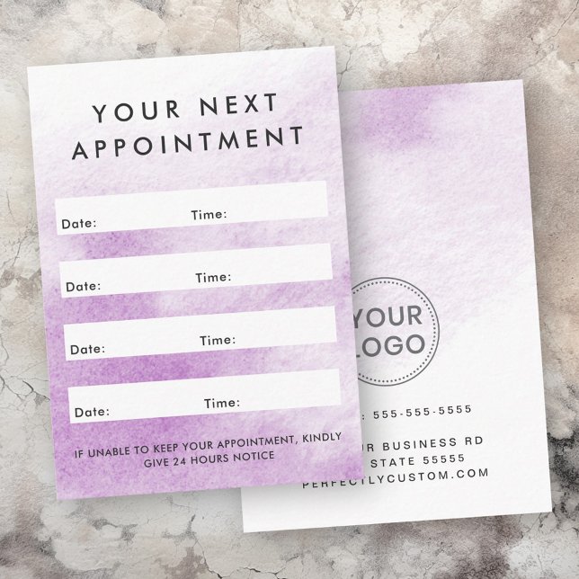 Carte De Rendez-vous Aquarelle violette logo personnalisé vertical (Purple watercolor custom logo vertical appointment card)