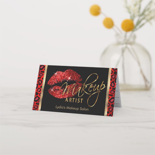 Carte De Rendez-vous Artiste de maquillage avec léopard rouge et lèvres (Devant)