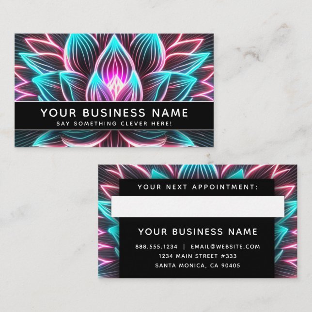 Carte De Rendez-vous Black Neon rose et bleu Lotus Flower Professional (Devant / Derrière)