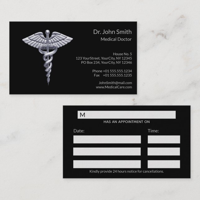 Carte De Rendez-vous Caducée Médicale Silver Classy sur Noir (Devant / Derrière)
