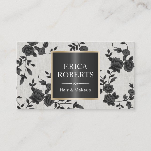 Carte De Rendez-vous Cheveux et maquillage élégant noir floral (Devant)