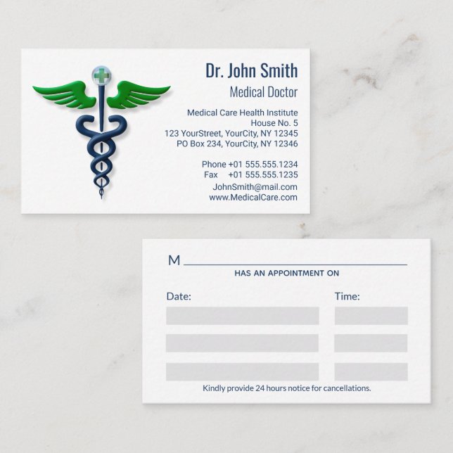 Carte De Rendez-vous Chic Médicale Caduceus Blue Green Wings Cross (Devant / Derrière)