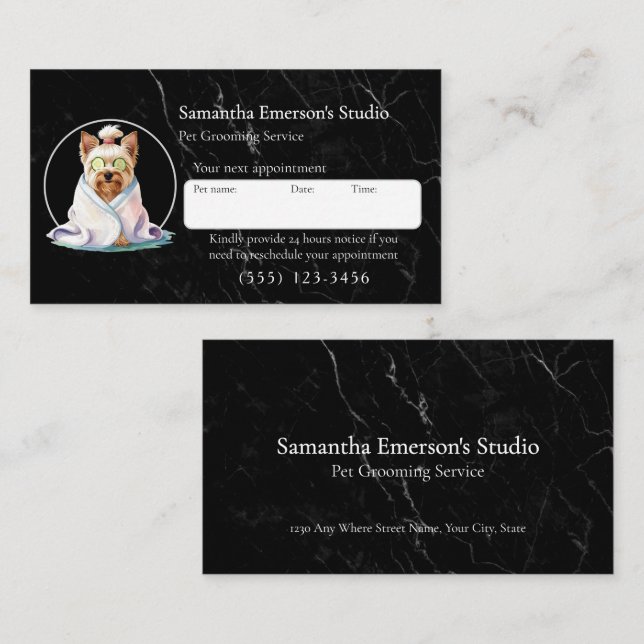 Carte De Rendez-vous Chien toilettant le marbre noir professionnel (Devant / Derrière)