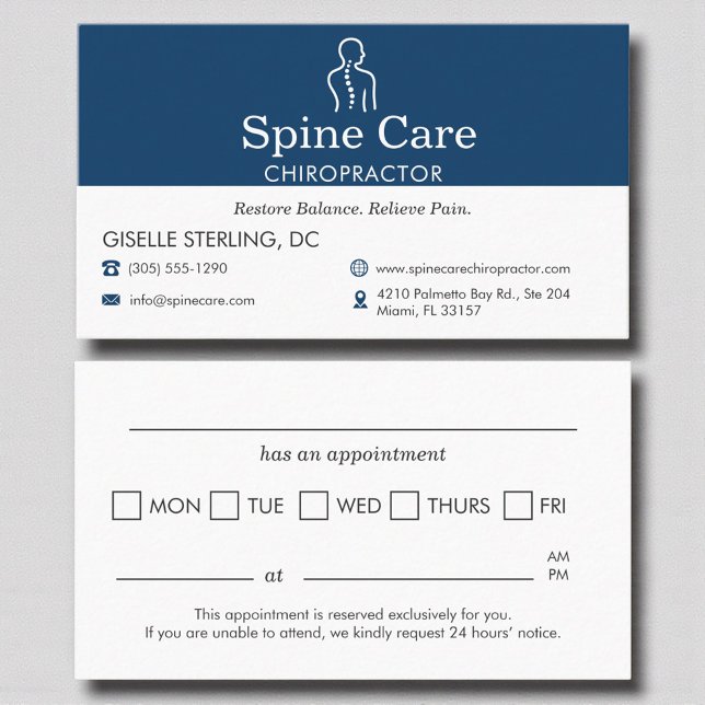 Carte De Rendez-vous Chiropractor Office Appointment Reminder Navy Blue (Créateur téléchargé)