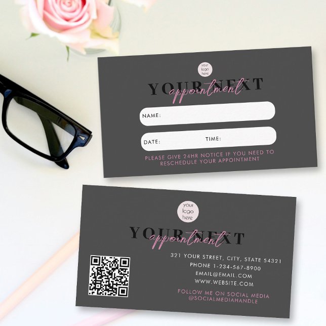 Carte de rendez-vous client rose noir Code QR Logo (Black Pink Client Appointment Card QR Code Logo)