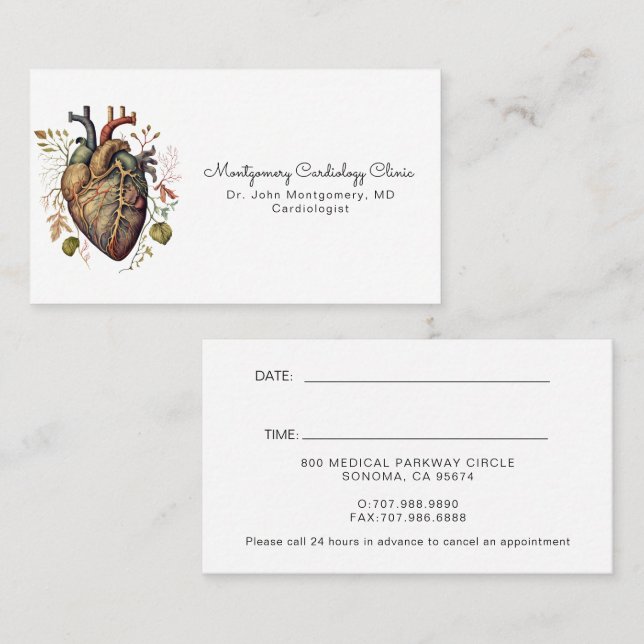 Carte De Rendez-vous Coeur anatomique Docteur en Cardiologie Médicale (Devant / Derrière)