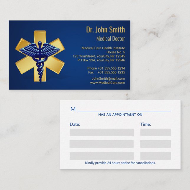 Carte De Rendez-vous Croix d'or bleu Médicale 3D Caduceus (Devant / Derrière)