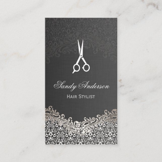 Carte De Rendez-vous Elégant Argent Damask - Hair Stylist Nomination (Devant)