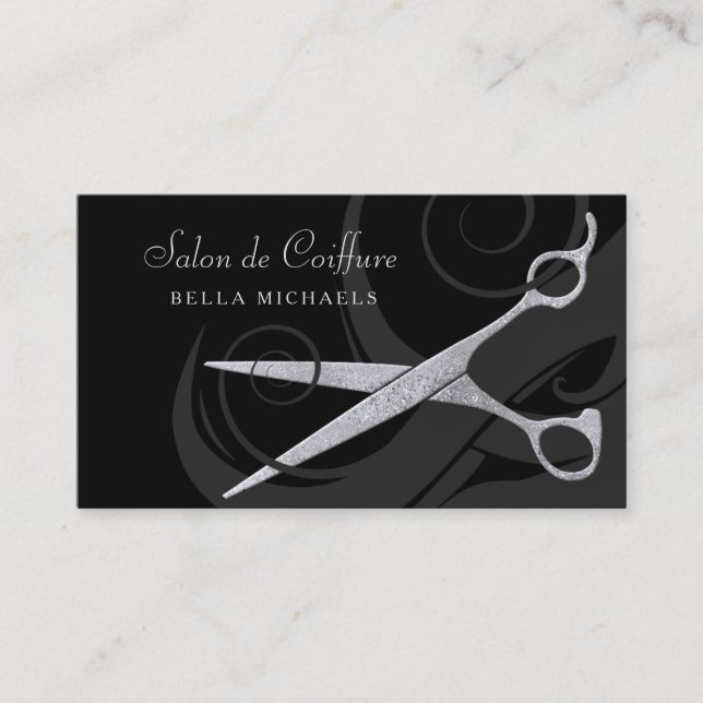 Carte De Rendez-vous Elégant Black Curls Silver Ciseaux Salon de Coiffu (Devant)