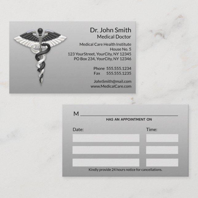 Carte De Rendez-vous Elégant Noir Blanc Caduceus Classy Noble Médicale (Devant / Derrière)