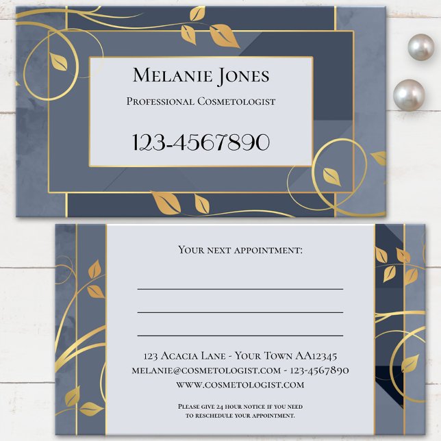 Carte De Rendez-vous Feuilles d'or gris bleu (Professional appointment business card featuring swirling golden leaves on blue grey geometric)