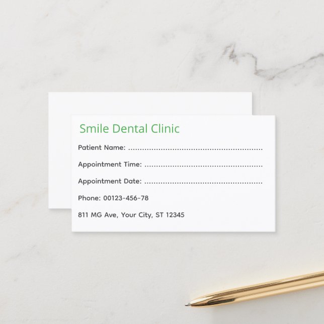 Carte De Rendez-vous Green Medical Dental Appointment Card (Devant/Arrière en situation)