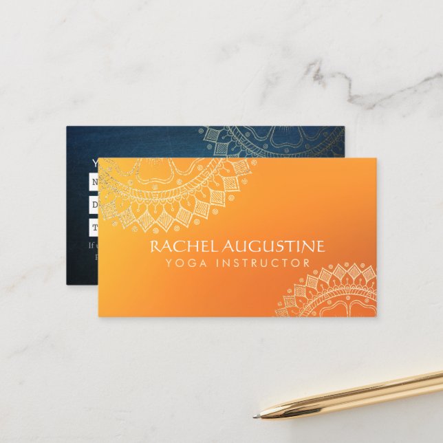 Carte De Rendez-vous Instructeur de méditation Yoga Orange Gold Mandala (Devant/Arrière en situation)