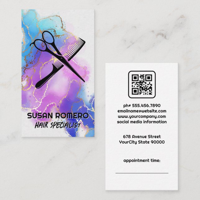 Carte De Rendez-vous Logo du peigne ciseaux | Aquarelle Artistique (Devant / Derrière)