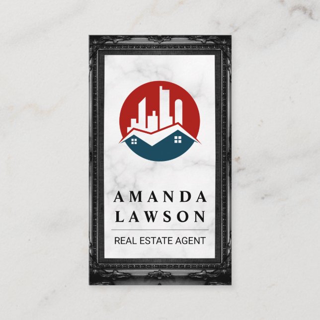 Carte De Rendez-vous Logo immobilier | Marbre | Cadre noir (Devant)