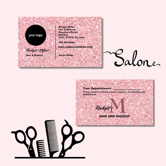 Carte De Rendez-vous Logo monogramme de salon de coiffure Blush Glitter (Créateur téléchargé)