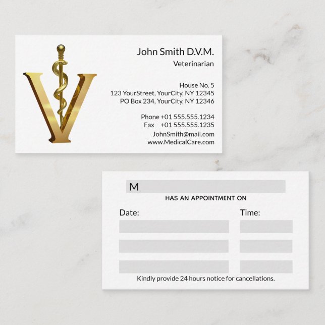 Carte De Rendez-vous Médecine vétérinaire Asclepius Vet Gold V Élégant (Devant / Derrière)