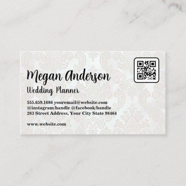 Carte De Rendez-vous Modèle de Damas élégant | Code QR (Devant)
