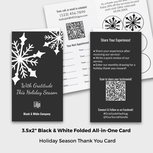 Carte De Rendez-vous Plier Black White Holiday MerciVous évaluez Loyaut (Folded Black White Holiday Thank You Review Loyalty Appointment Card; Size: 3.5"x2", Portrait Format)