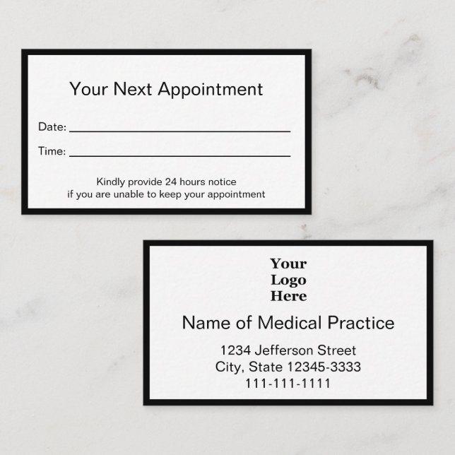 Carte De Rendez-vous Pratique Médicale professionnelle en noir et blanc (Devant / Derrière)