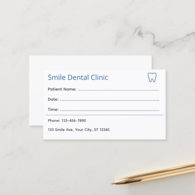 Carte De Rendez-vous Professional Dental Appointment Card (Devant/Arrière en situation)