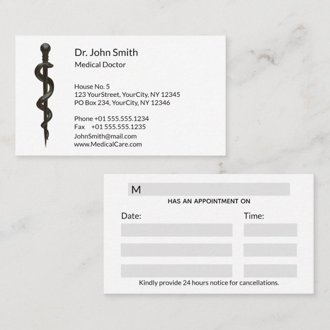 Carte De Rendez-vous Professionnel Simple Asclepius Noir Médicale Blanc (Devant / Derrière)