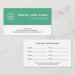 Carte De Rendez-vous Rappel vert professionnel pour la dentisterie dent