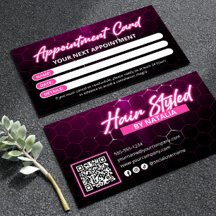 Carte De Rendez-vous Salon de coiffure Black and Pink Neon Code Qr