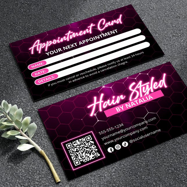 Carte De Rendez-vous Salon des cheveux noir et rose Qr Code (Créateur téléchargé)