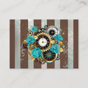 Carte De Rendez-vous Steampunk Clock and Turquoise Roses on Striped