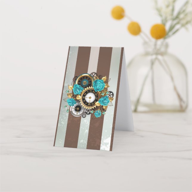 Carte De Rendez-vous Steampunk Clock and Turquoise Roses on Striped (Dos)