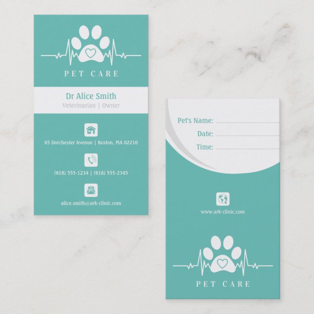 Carte De Rendez-vous Vétérinaire Soins aux animaux de compagnie | Info (Devant / Derrière)