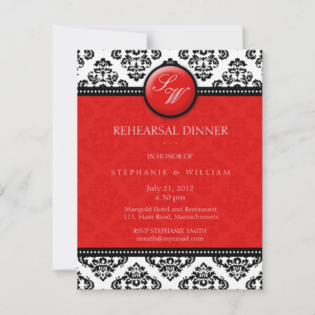 Carte de répétition de monogramme rouge Damask (Devant)