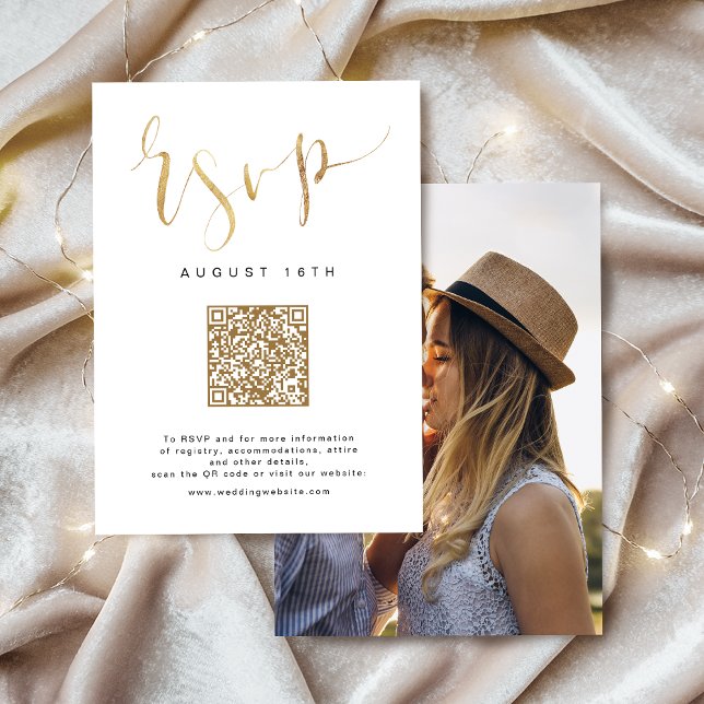Carte de réponse (Gold Modern Simple Script wedding QR code RSVP Card)