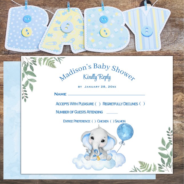 Carte de réponse Baby shower éléphant du garçon (Créateur téléchargé)