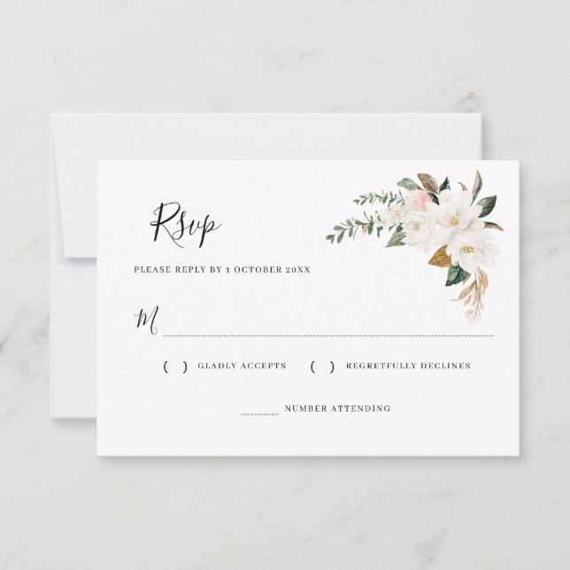carte de réponse blanche magnolia & fleurs roses (Devant)