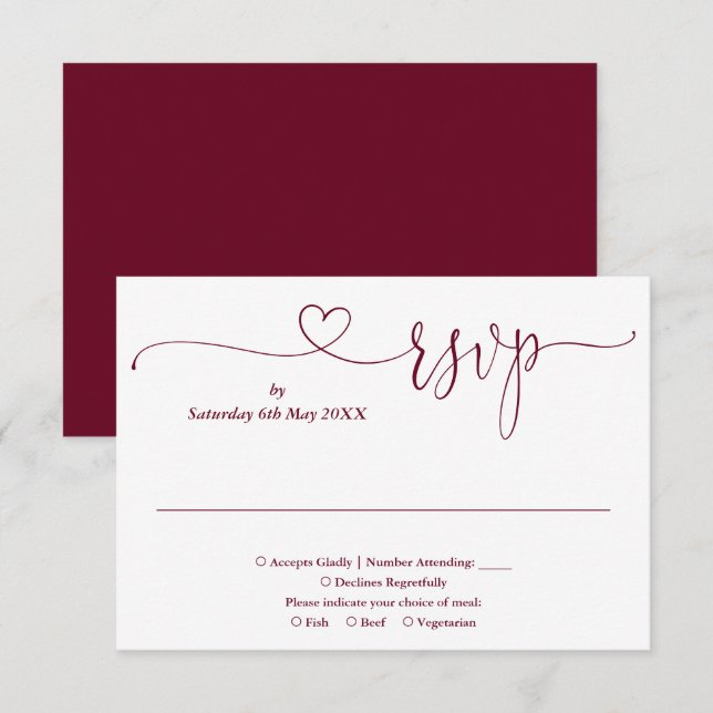 Carte de réponse Burgundy et blanc à motif de cœur (Devant / Derrière)