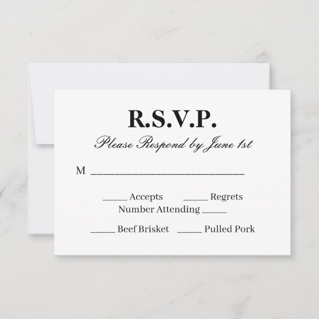 Carte de réponse chic pour un mariage noir et blan (Devant)