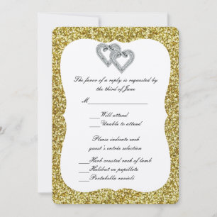 Carte de réponse Cœurs de diamant paillettes dorée