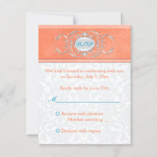 Carte de réponse Coral, Aqua et Grey Damask