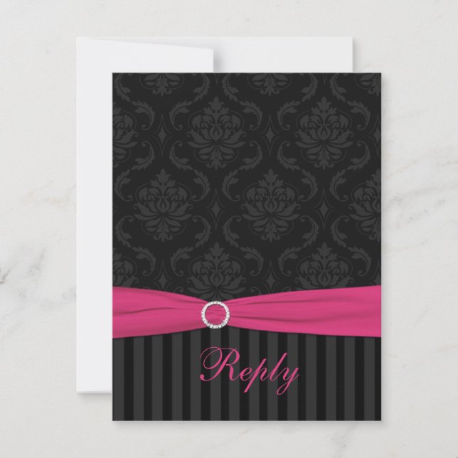 Carte de réponse damas rose gris noir à rayures et (Devant)
