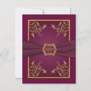 Carte de réponse damas vin de prune et médaillon d