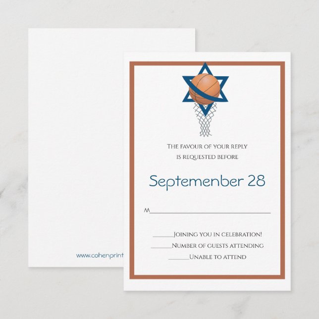 Carte de réponse de basket-ball juif bleu orange (Devant / Derrière)