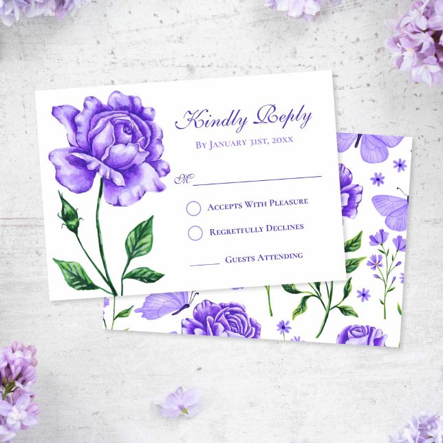 Carte de réponse de Lilac Rose violet Quinceañera (Lilac Purple Rose Quinceanera Response Card)