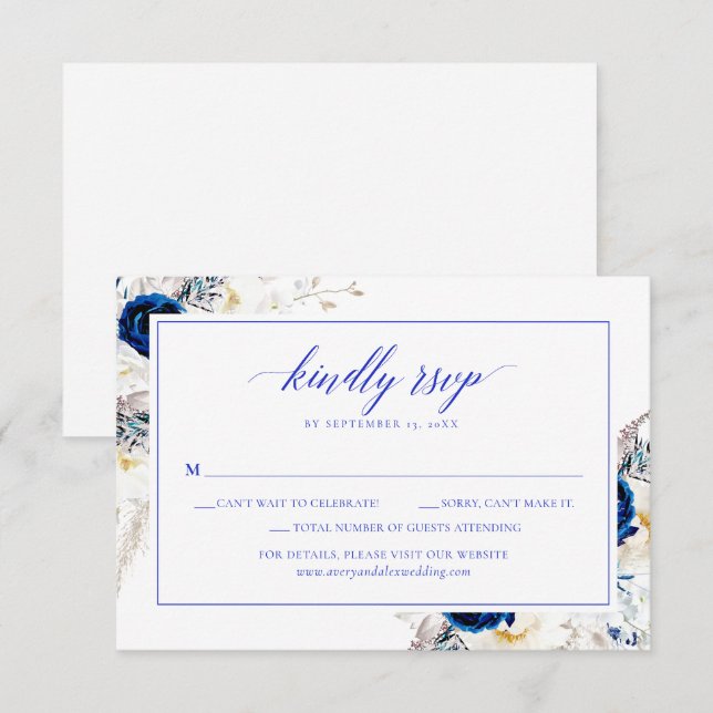Carte de réponse de mariage à calligraphie bleue H (Devant / Derrière)