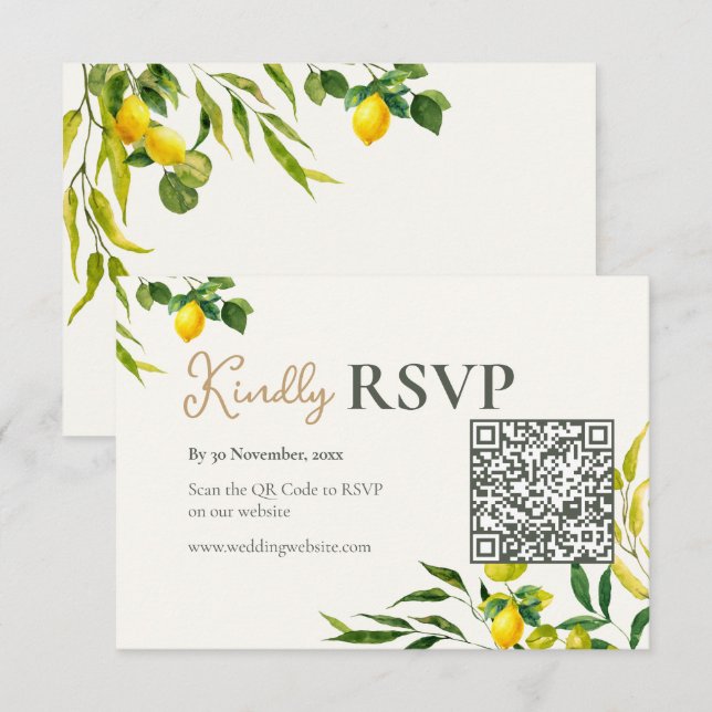 Carte de réponse de mariage à code QR Citron aquar (Devant / Derrière)