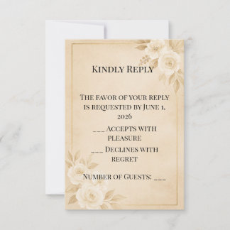 Carte de réponse de mariage à fleurs en or beige