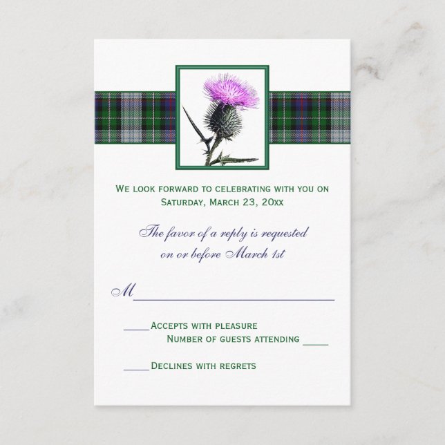 Carte de réponse de mariage au tartan violet vert  (Devant)